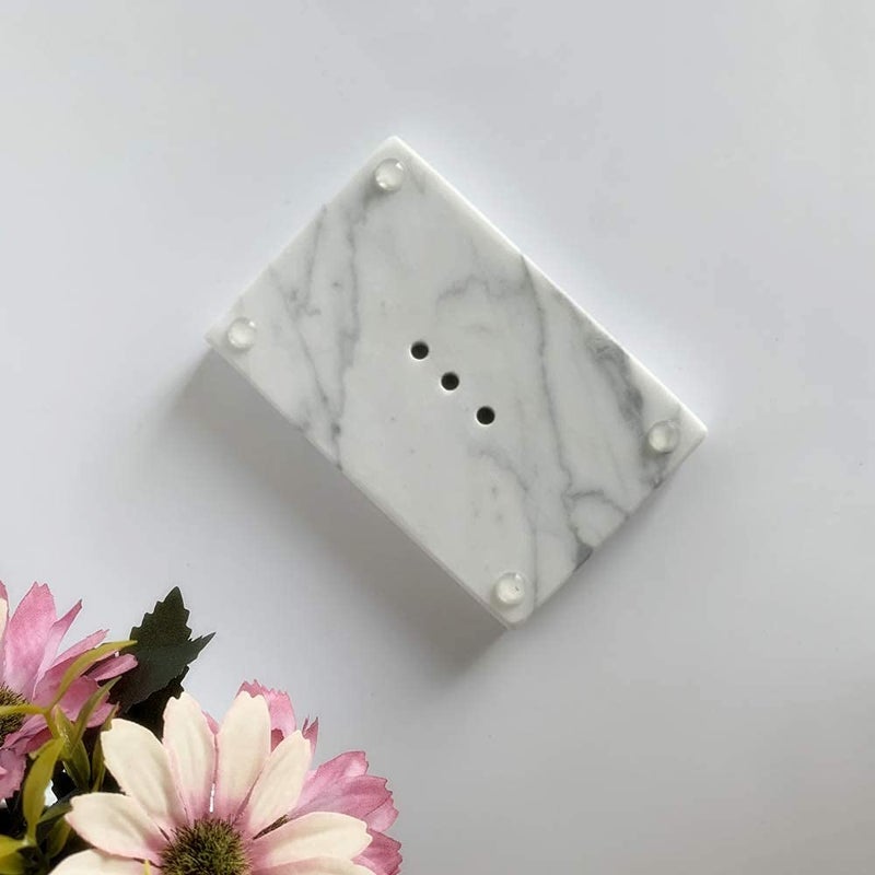 StonePlus Natural Smooth Real Marble Soap Dish/Facial Sponge Holder/Bathroom Makeup Sponge Tray with Draining Hole (White Carrara) - Image 5